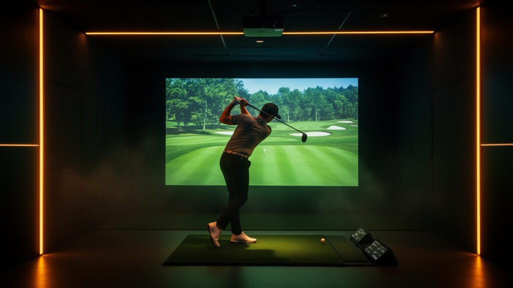 Golfer Practices his swing using a Golfing Simulator